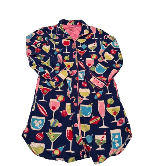 Nick And Nora Women's Holiday Cocktail Print Cotton Flannel Pajama Shirt - Picture 1 of 7
